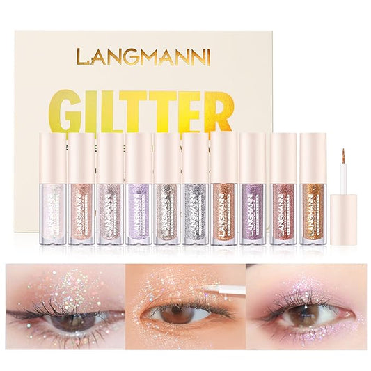 LANGMANNI 10Pcs Liquid Glitter Eyeshadow Korean Makeup Set, Shimmer,Pigmented,Long Lasting,Quick Drying,Easy to Apply Crystals Glitter Eyeshadow (10pcs Set)-VivaGrace Women