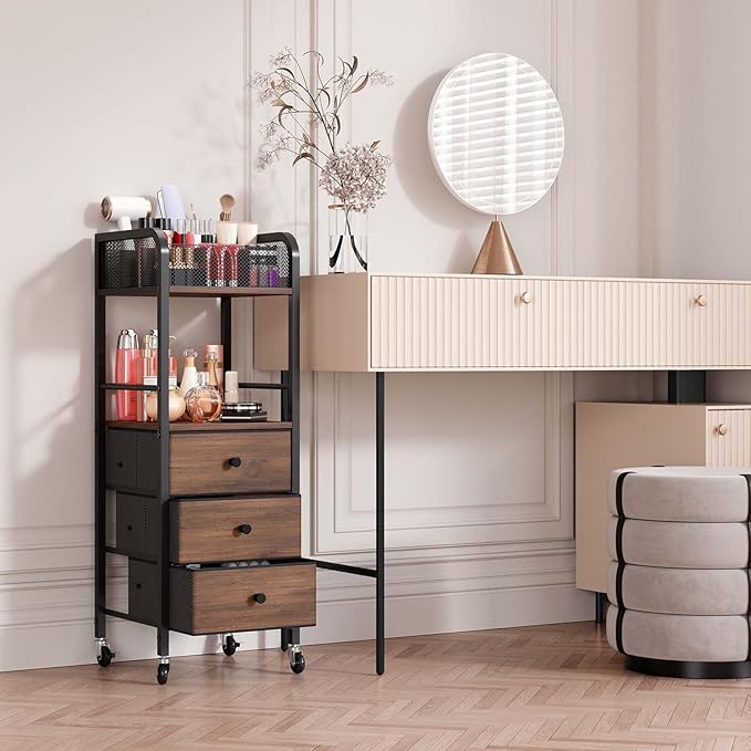 HapiRm Rolling Makeup Cart Organizer - Floor Skincare Make Up Storage with 3 Drawers, Vanity Organizer Cosmetic Display Cases Holder for Skin Care Perfume Nail Polish Brush Hair Tool-VivaGrace Women