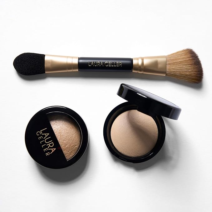 LAURA GELLER NEW YORK Dual-Ended Highlighter Brush - Multipurpose Makeup Brush for Highlighter, Blush, Bronzer and More - Includes Dual-Fiber Vegan Bristles and Satin Paddle for Flawless Application-VivaGrace Women