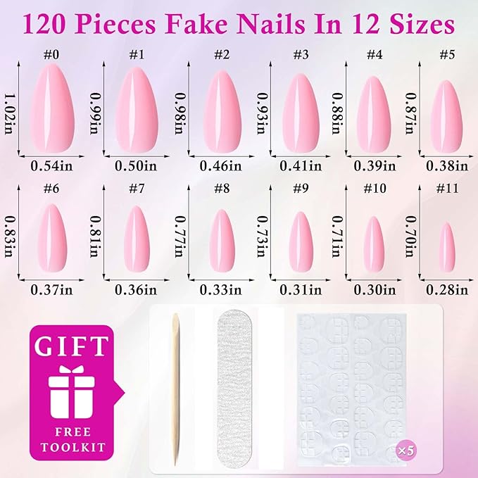 LoveOurHome 240pc Medium Almond Press on Nails Colored Pink Fake Nail Tips Full Cover Artificial Fingernail French Stiletto Manicure with Adhesive Tabs for Women Girls
