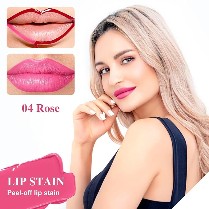 Lip Stain - Lip Stain Peel Off Long-Lasting with Matte Finish Waterproof & Transfer-Proof, Lip Liner Moisturizing & Nourishing Non-Stick Cup Highly Pigmented Color Lip Tint (04 Rose)-VivaGrace Women