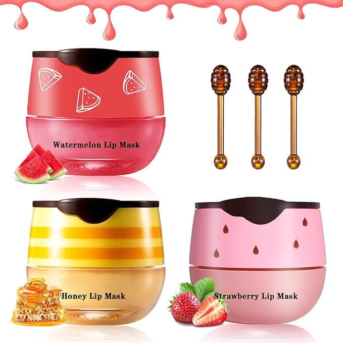 3PCS Bee Lip Balm Honey Pot Honey Strawberry Watermelon Lip Balm Sleeping Lip Mask Silky Hydrating Bee Lip Balm Honey Lip Mask Overnight Lip Care Products(Honey+Strawberry+Watermelon)-VivaGrace Women