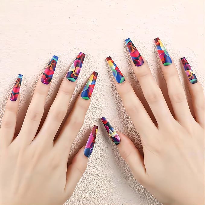 Acrylic Press on Nails Long Coffin Fake Nails with Nails Glue Long Ballet False Nails with Water Ripple Rainbow Designs Colorful Full Cover Artificial Nails Press Ons Stick on Nails 24Pcs