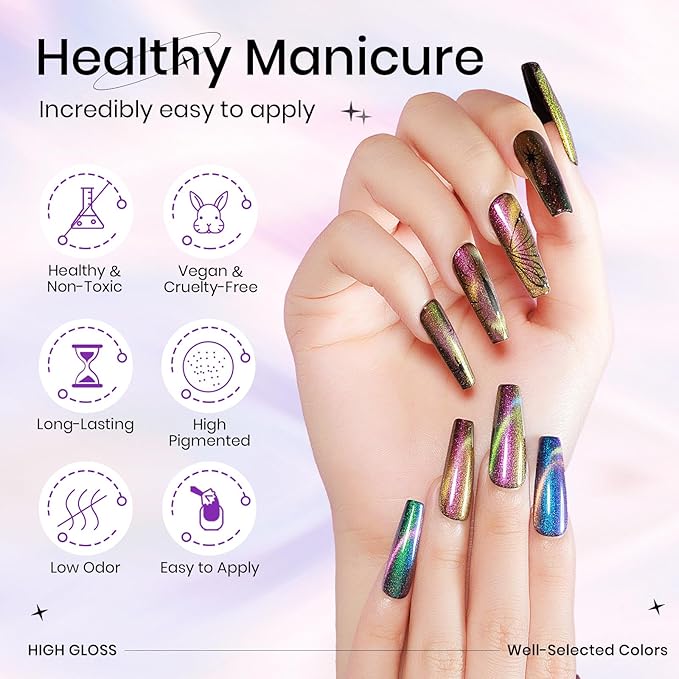 12 Colors Cat Eye Gel Polish with Magnetic Stick, Chameleon Magnetic Gel Polish Kit Trible Colors Effect Galaxy Cateyes Nail Polish Gel Collection Home DIY Manicure for Women Girl