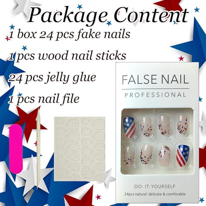 24Pcs 4th of July Press on Nails Short Almond Fake Nails Independence Day Flag with Glitter Star Sequin Design Acrylic Glue on Nails Blue False Nails for Women Girls 4th of July Nails Decoration