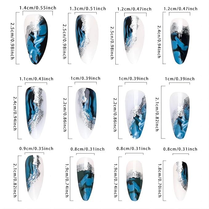 Almond Press-on Nails - Medium Length Fake Nails with Glue, Green Ombre Acrylic Designs, Silver Glitter, Dark Green Sfumato Glossy Artificial Nails, 24Pcs