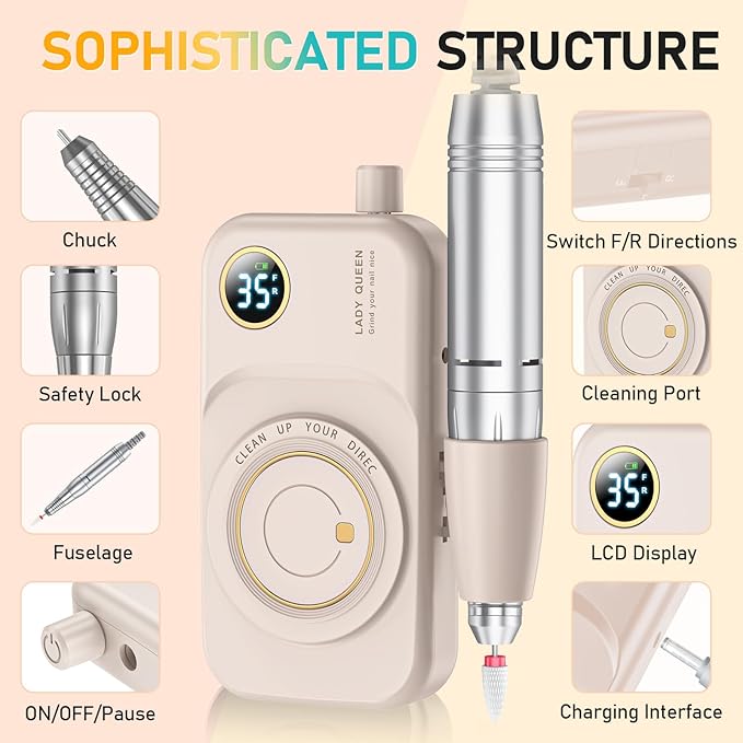 Portable Nail Drill Electric File: 35000RPM Professional Rechargeable Nail E File Machine,for Acrylic Nails Gel Polishing Removing, Cordless Efile with Bits Kit for Manicure Salon Home (Pink)-VivaGrace Women