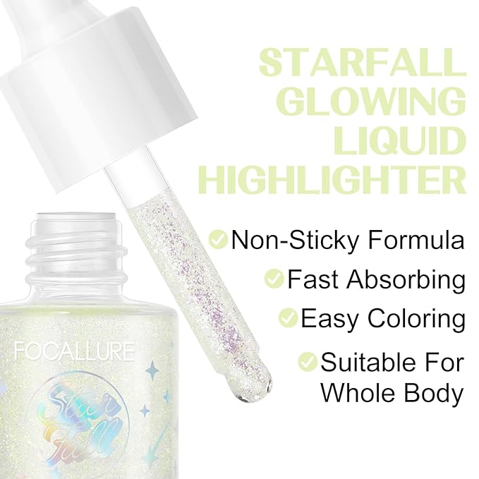 FOCALLURE Starfall Glowing Liquid Highlighter, Shimmering Body Oil, Non-Sticky Shimmer Liquid Luminizer, Non-Greasy, Face & Body Glitter Makeup for Costumes, Cosplay, Rave Festival, FIRELY FOREST-VivaGrace Women