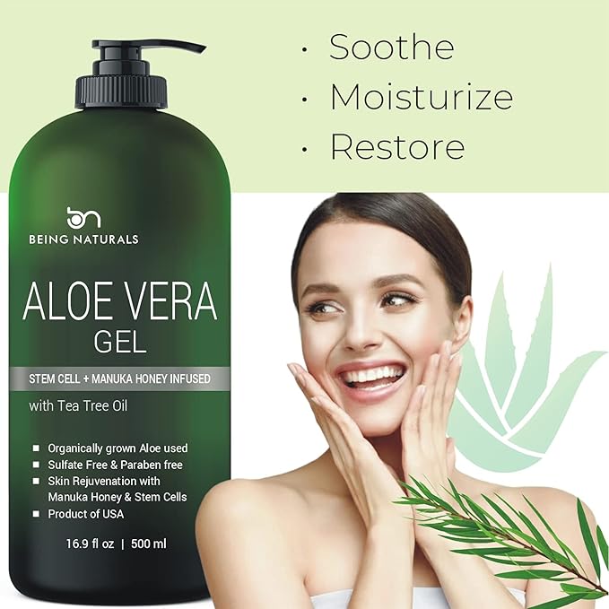 Aloe vera Gel - from 100% Pure Organic Aloe Infused with Manuka Honey, Stem Cell, Tea Tree Oil - Natural Raw Moisturizer for Face, Body, Hair. Perfect for Sunburn, Acne, Razor Bumps 16.9 fl oz-VivaGrace Women