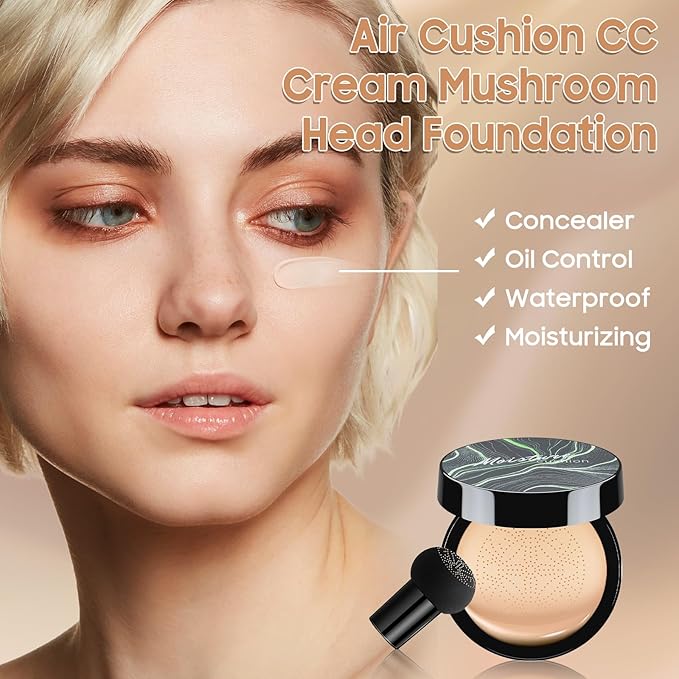Air Cushion CC Cream Foundation - Mushroom Head BB Creams, Long Lasting Concealing Brightening, Moisturizer Face Cream,Facial Skin Care Makeup For All Skin Types (Nude)-VivaGrace Women