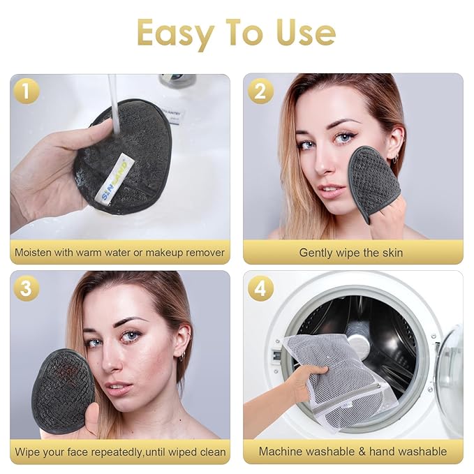 SINLAND Reusable Makeup Remover Pads For Face,Eye,Lips Microfiber Gentle Facial Cleansing Cloths for All Skin Types Friendly for Makeup Remover With Laundry Bag 5.1inchx3.93inch Gray Pack of 6-VivaGrace Women
