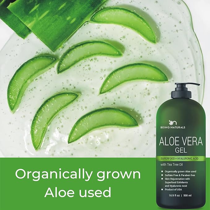 Aloe vera Gel - from 100% Pure Organic Aloe - Natural Raw Moisturizer for Face, Body, Hair. Perfect for Sunburn, Acne, Razor Bumps 16.9 fl oz (Tea Tree, Superfood, Hyaluronic Acid)-VivaGrace Women