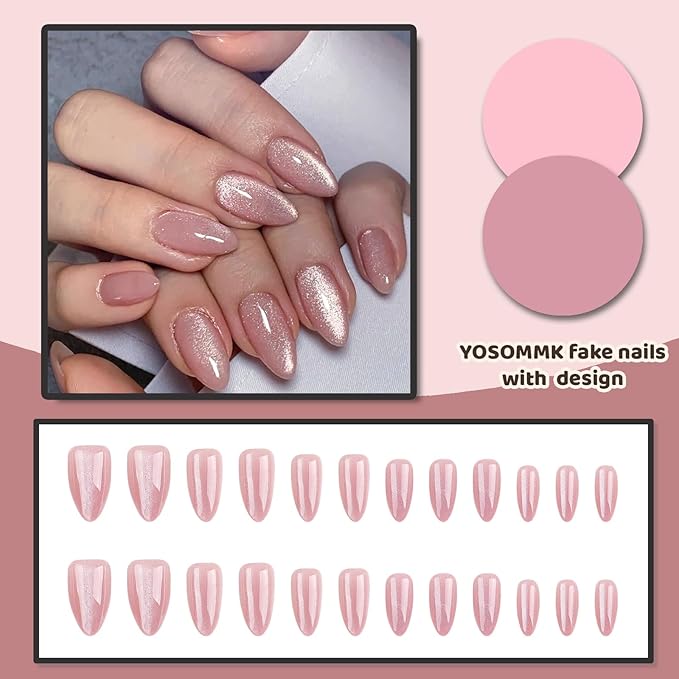 Nude Pink Press on Nails Medium Almond Fake Nails with Cat Eye Designs Glossy Stick on False Nails Acrylic Glitter Glue on Nails for Women