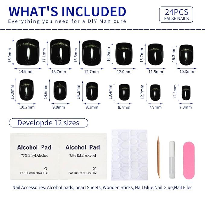 Gunmetal Silver Press On Nails Short Square,Cat Eye Fake Nails,Defined Smile Line Design with a Radiant Gloss Effect, Glossy Gel Finish Short Press On Nails, Thick Reusable Glue On Nails for Women