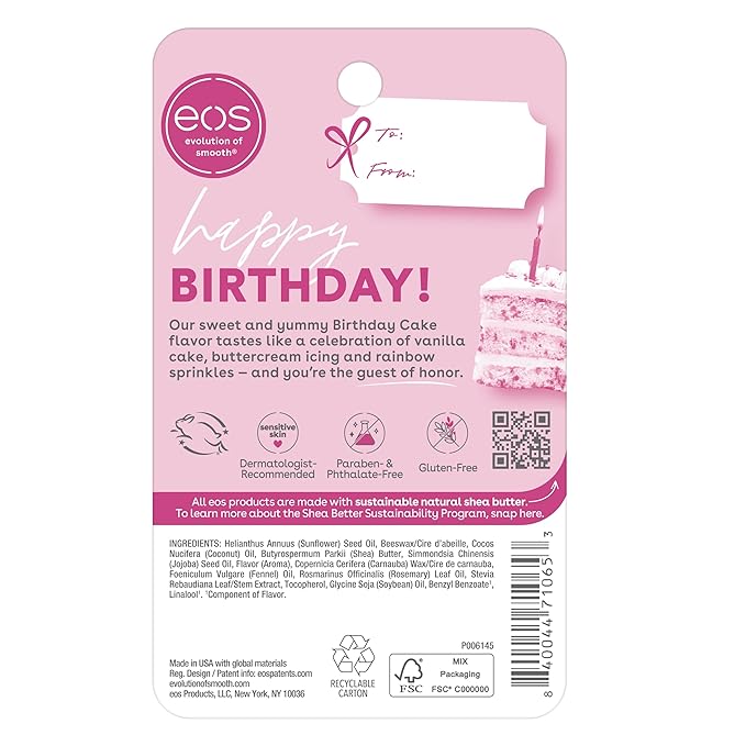 eos Natural Shea Lip Balm- Birthday Cake, Dermatologist Recommended for Sensitive Skin, All-Day Moisture Lip Care Products, 0.14 Ounce (Pack of 2)-VivaGrace Women