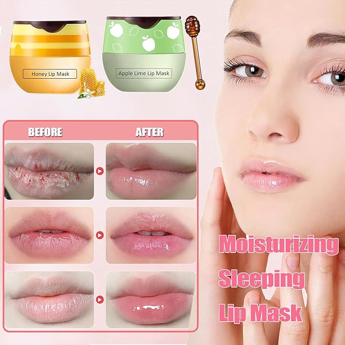 3 PCS Bee Lip Mask Lip Balm Honey Pot, Strawberry & Honey Lip Sleeping Mask Hydrating Prevention Dry and Cracked Lip Scrubs Exfoliator,Lip Mask Overnight Reduces Lip Lines-VivaGrace Women