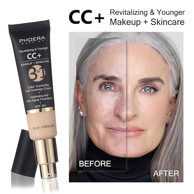 PHOERA Foundation,PHOERA CC Cream Foundation Color Correcting Anti Aging Hydrating Serum &SPF 25+,PHOERA Primer, PHOERA Makeup Foundation, Makeup Brushes (102 Nude+140 Buff Beige CC Cream)-VivaGrace Women