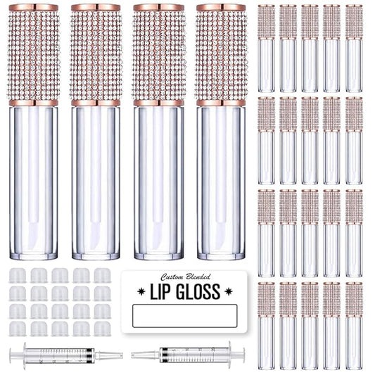 AMORIX 24 Pack Crystal Rhinestone Lip Gloss Tubes with Wand 5ml Empty Lip Gloss Containers Lipgloss Bottles with Stoppers 2pcs Syringes + Labels for DIY Lip Gloss Balm-VivaGrace Women