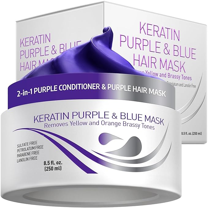VITAMINS hair cosmetics Keratin Purple Hair Mask - Violet Blue Protein Deep Conditioner Treatment - Toner for Blonde Platinum Silver Gray Ash or Brown Colored Dry and Damaged Brassy Hair-VivaGrace Women