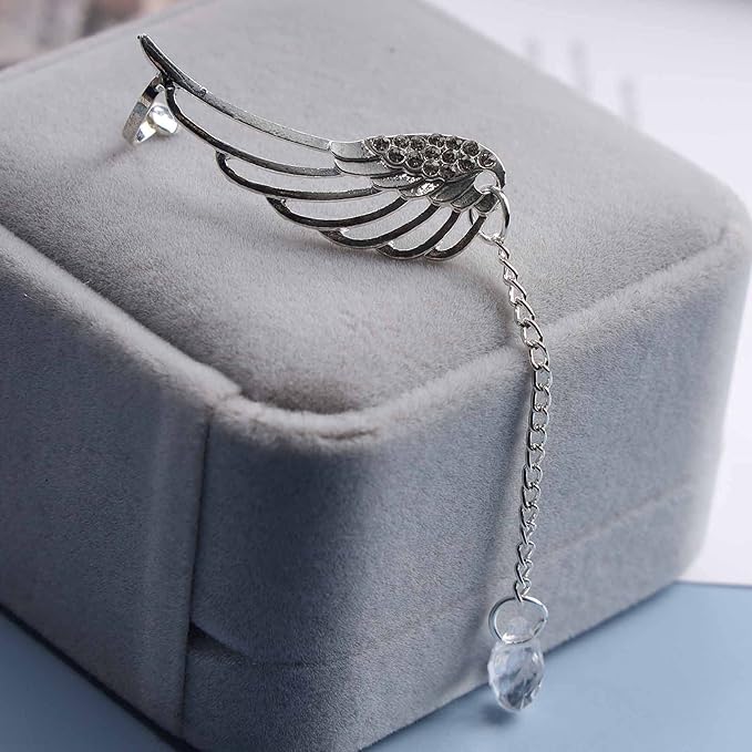 Boho Rhinestone Wing Ear Climbers Earrings Silver Crystal Drop Earring Chain Dangle Earrings Angel Wing Wrap Earrings Jewelry for Women and Girls Gifts-VivaGrace Women