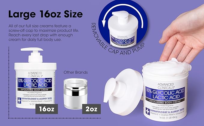 Advanced Clinicals 10% Glycolic Acid + Lactic Acid Lotion Exfoliant Moisturizing Cream With Hyaluronic Acid Moisturizer | AHA Exfoliating Body Cream Improves Look Of Uneven Rough Skin Texture, 16 Oz-VivaGrace Women