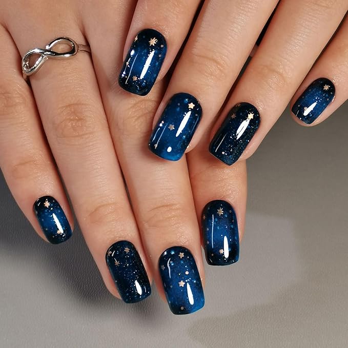 Curvlife Press on Nails Acrylic Fake Nails with Design Full Cover False Nails Reusable Nail Kit with Nail Glue Adhesive Tabs Nail File Artificial Glue on Nails (starry sky, Medium)