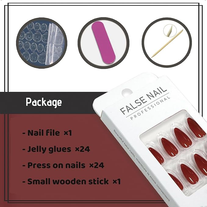 Medium Press on Nails Almond Fake Nails with Designs Burgundy Red Glue on Nails Glossy Stick on Nails for Women and Girls