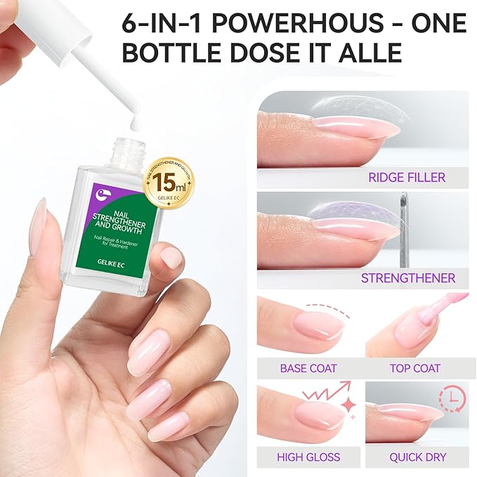 gelike ec Nail Strengthener Polish for Damaged Nails: Milky White 15ml 6 in 1 Natural Nail Hardener Extra Strong and Growth - Nail Polish Hardener for Weak and Damaged Nails