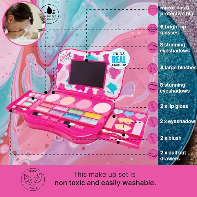 My First Makeup Set for Young Girls I Kids Makeup Kit for Little Girls I Foldable Makeup Palette with Makeup Mirror I Pink Set Makeup for Kids Vanity I Washable Laptop Design Toddler Makeup Kit Gift-VivaGrace Women