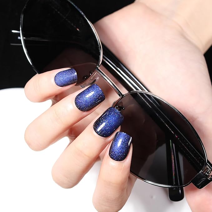 Dark Blue Press on Nails Short, Cat Eye Press on Nails Square, Fashion Gel Fake Nails, Reusable Acrylic Fake Nails, Glossy Stick on Nails for Women Girls Gift, Glue on Nails Kit, Starlit Abyss