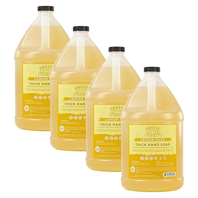 Adams Handmade Soap Thick Organic Castile Liquid Hand Soap 1 Gallon Refill - Lemon Sage (Pack of 4)