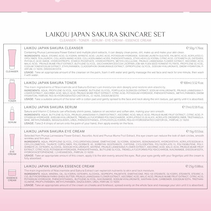 Skin Care Set JAPAN SAKURA Women Beauty Gift Sets Skin Care Kit with Cleanser, Toner, Serum, Eye Cream, Face Cream Travel Kit for Women Teen Girls Mom Daughter Birthday TSA-friendly Sizes 5pcs-VivaGrace Women