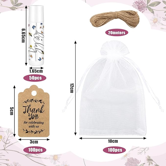 Demissle 50 Pcs Baby Shower Lip Balm Gift Set with 100 Pcs Organza Bags Baby Shower Party Favor for Guest Thank You Tag Rope Baby Shower Party Decoration Gender Reveal Souvenirs(Purple Flower)-VivaGrace Women