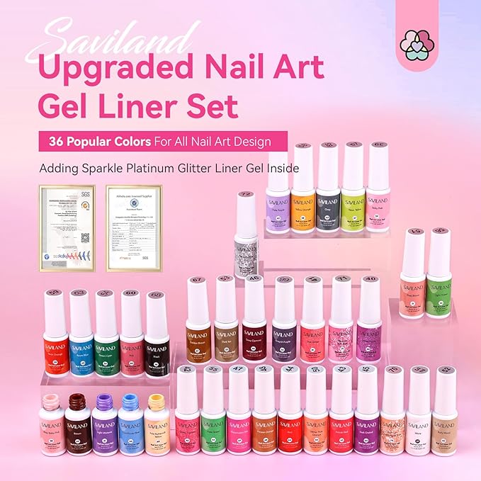 SAVILAND Nail Gel - 36 Colors Liner Set With Art Brushes, Soak Off Pen, Pink Polish for Salon DIY At Home, Beginner-Friendly Manicure Kit