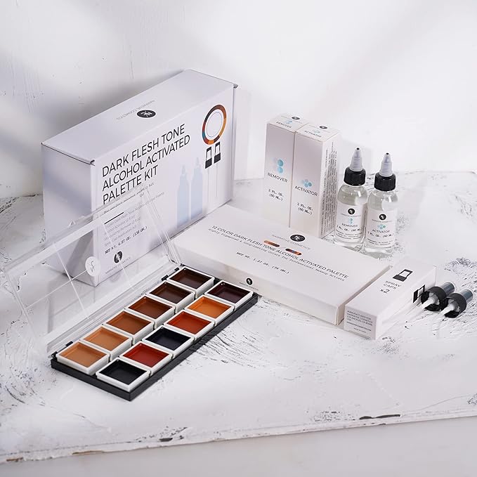 12 Color Dark Flesh Tone Alcohol Activated Makeup Palette Kit - Includes Alcohol Activator and Moisturizing Remover - Waterproof Makeup for Professional Makeup Artists-VivaGrace Women