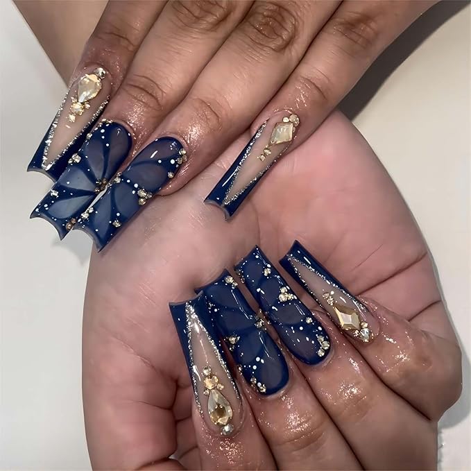 Dark Blue Press on Nails Long Nails Press Ons with Butterfly and Rhinestone Design for Women and Girls 24pcs (Dark Blue)