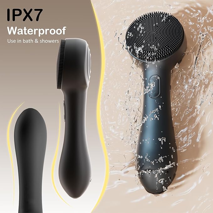 Facial Cleansing Brush Silicone Face Scrubber Waterproof Rechargeable Exfoliator Massage Device for Men & Women, Deep Pore Cleansing, Exfoliating, Removing Blackhead Electric Face Scrub Brush (Black)-VivaGrace Women