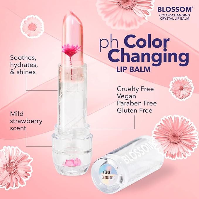 Blossom Moisturizing Custom Color Changing Crystal Lip Balm, Strawberry Scented Lip Stain Tint, Infused with Real Flowers, 3 pk, Turquoise/Pink/Purple-VivaGrace Women