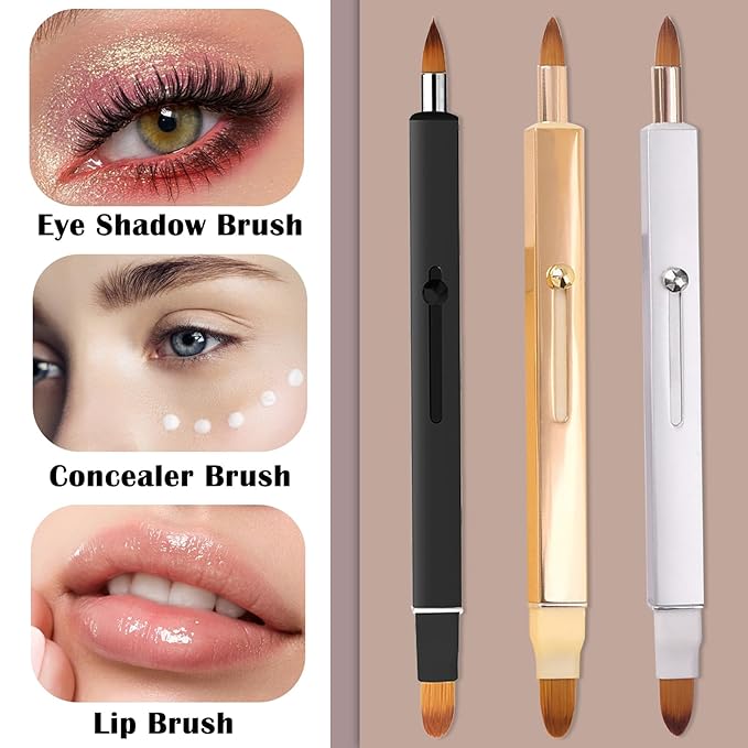 3 Pack Lip Brush for Lipstick Makeup Brushes Double-Ended Retractable Lip Brush with Cap Dustproof for Lipstick Gloss Creams Portable with Cap(Black + Gold + Silver)-VivaGrace Women