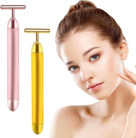 2 Pack T Shape Face Massager Beauty Bar Golden & Pink Facial Massager, Portable Electric Vibration Face Neck Body Massager for Firming Lifting Anti Aging Skin Tightening Wrinkle Reducing-VivaGrace Women