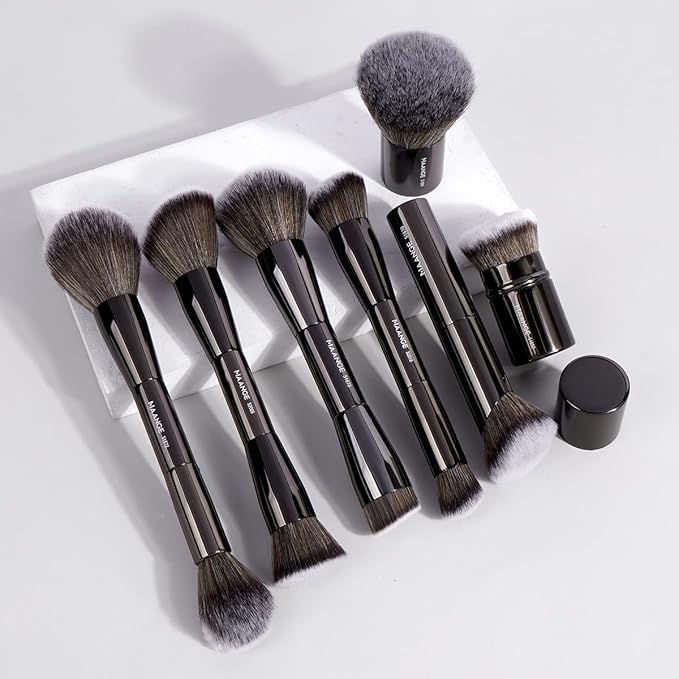 MAANGE 7pcs Makeup Brush Set Double Sided Kabuki Makeup Brushes Contour Brush for Foundation Liquid Powder Concealer Cream Cosmetics Bronzer Blending Blush Buffing Makeup Tools (Black)-VivaGrace Women
