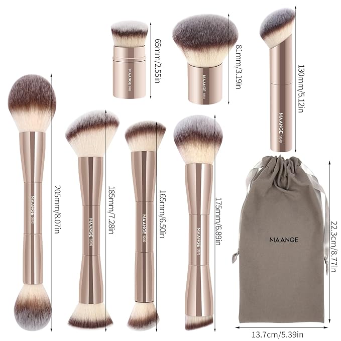 MAANGE 7pcs Makeup Brush Set Double Sided Kabuki Makeup Brushes Contour Brush for Foundation Liquid Powder Concealer Cream Cosmetics Bronzer Blending Blush Buffing Makeup Tools (Gold)-VivaGrace Women