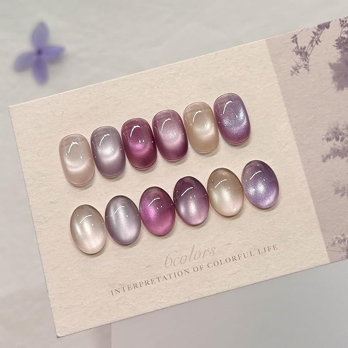 GAOY Cat Eye Gel Polish Kit with Magnet, 6 Colors Glitter Nail Polish Set, Summer Nail Art, Soak Off UV Cure Gel for DIY Manicure at Home and Salon, Purple Pink