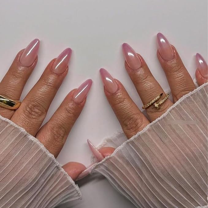 Ombre Pink Chrome Press on Nails Almond Medium Fake Nails with Mirror Designs Glossy Glue on Acrylic False Nails for Women and Girls