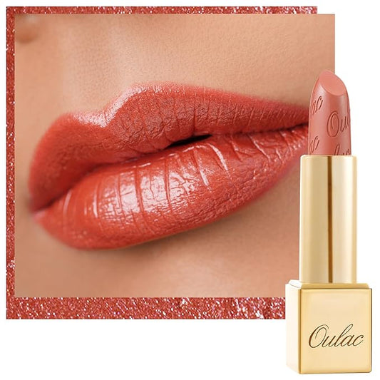 Oulac Coral Orange Lipstick for Women with Metallic 3D Shine Lightweight Hydrating Formula, High Impact Lip Color, Vegan Beauty, Full Coverage Lip Makeup, Christmas Gifts for Women, Be Happy(05)-VivaGrace Women
