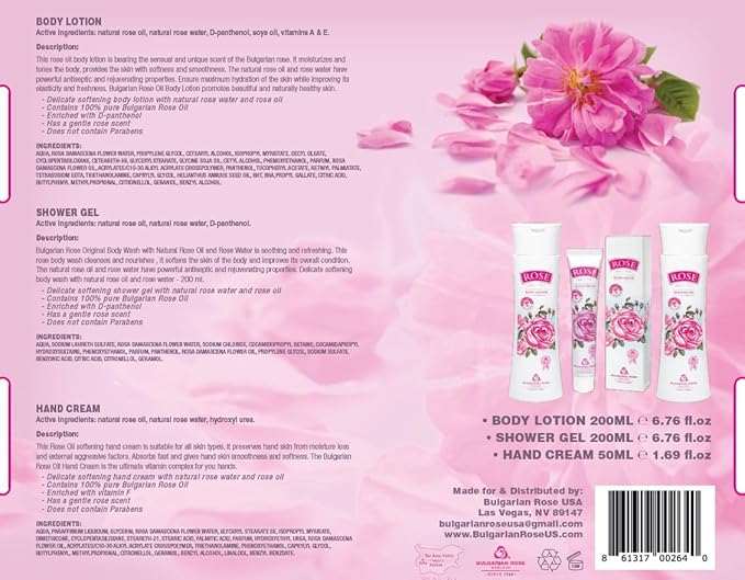 Bulgarian Rose Oil Moisturizing Body Care 3 Piece Gift Set - Natural Rose Body Lotion, Natural Rose Body Wash, Natural Rose Hand Cream-VivaGrace Women