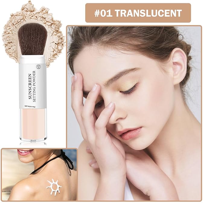Mineral Sunscreen Setting Powder Mineral Brush Powder SPF 35 PA+++ Oil Control Matte Effect Lightweight Breathable Translucent Powder Setting Powder Sunscreen Makeup for Face with Brush-01 Translucent-VivaGrace Women