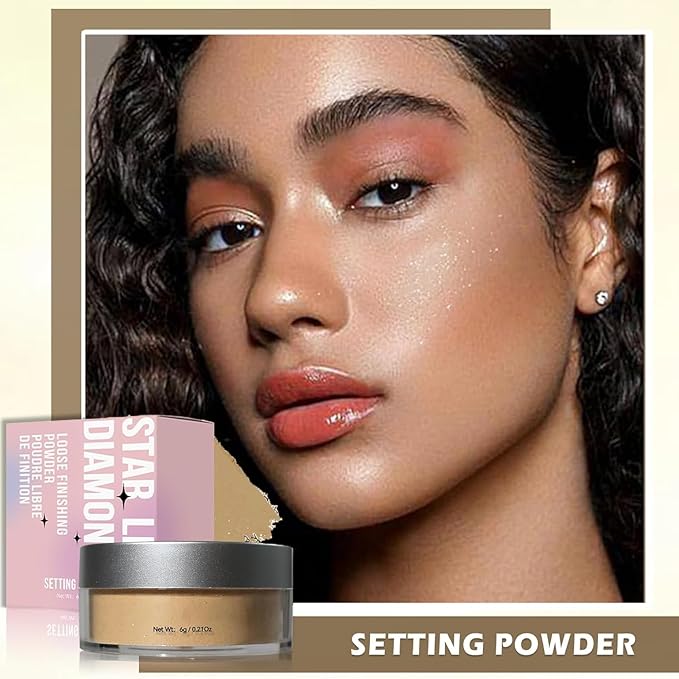 Loose Face Powder Setting Powder, Shimmer Glitter Loose Powder, Matte Finishing Powder Shine, Waterproof, Oil Control, Lightweight Face Powder Makeup for All Skin Tones (Dark Complexion Shimmer)-VivaGrace Women