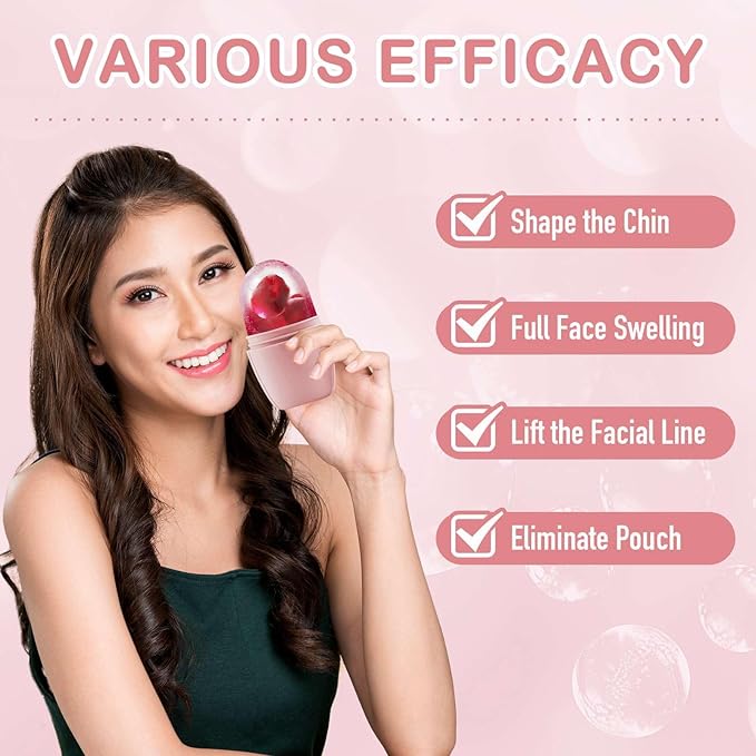 XHJRI Ice Face Roller Massager,Ice Cube Roller for Face, Eyes and Neck Naturally Conditioning and Skin Care,De-Puff Eye Bags,Reduce Migraine Pain,Reusable Massage Silicone Ice Mold (New Pink White)-VivaGrace Women