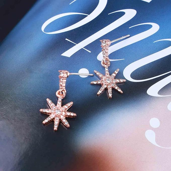 Boho Crystal Sunburst Earrings Rose Gold Star Drop Stud Earrings Cz Paved Starbust Earrings Celestial Earrings Jewelry for Women and Girls-VivaGrace Women